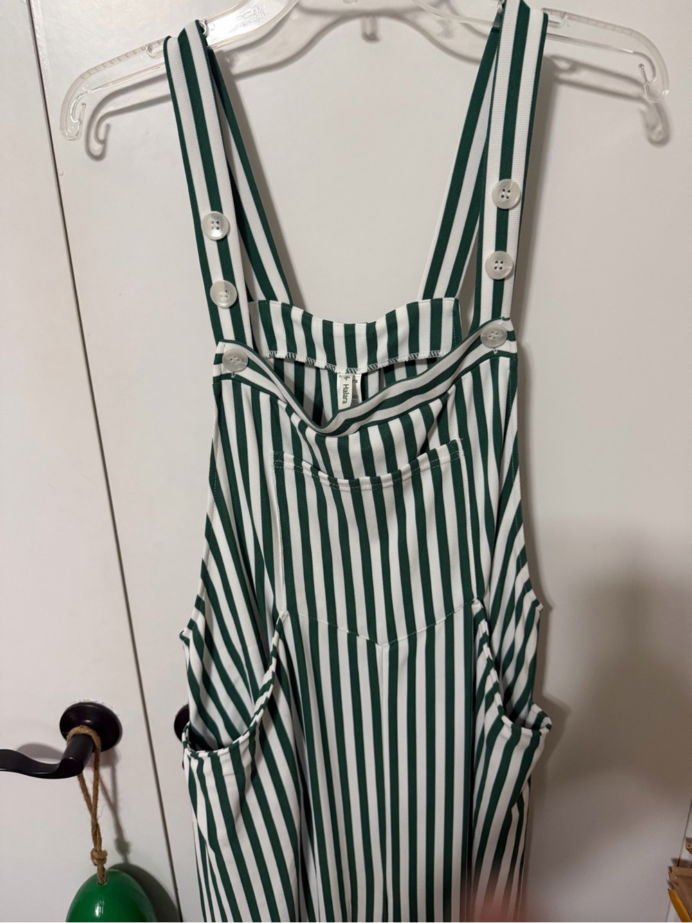 Halara Green & White Pockets Stripe Waffle Overalls XL - Picture 3 of 5
